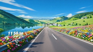 蓝天白云树木河流景色