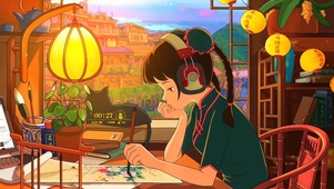 黄昏灯火下的你