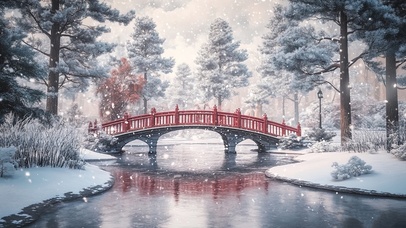 冬日森林红色石桥