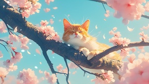 春天樱花树上猫咪