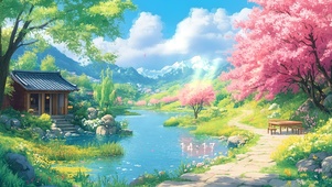 湖边樱花小庙