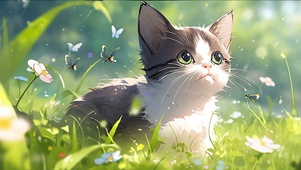 可爱小猫蝴蝶花丛