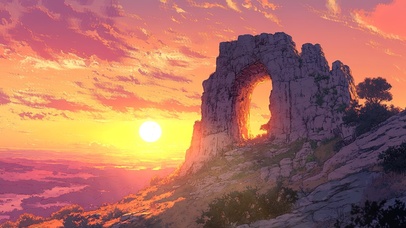 落日晚霞下的宏伟石柱