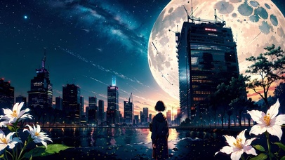 夜晚月下城市夜景