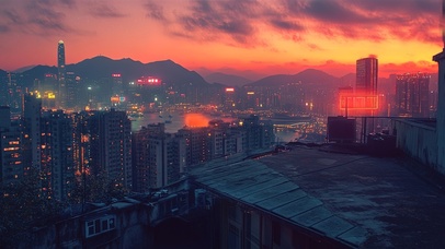 港风城市晚霞夜景