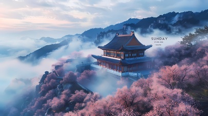 4K云雾古寺樱花林