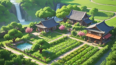 瀑布边的田园生活