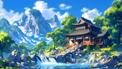 治愈庭院山水画