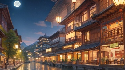 夜晚河边古风水街