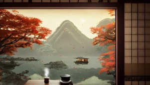 日式小屋窗外的秋景