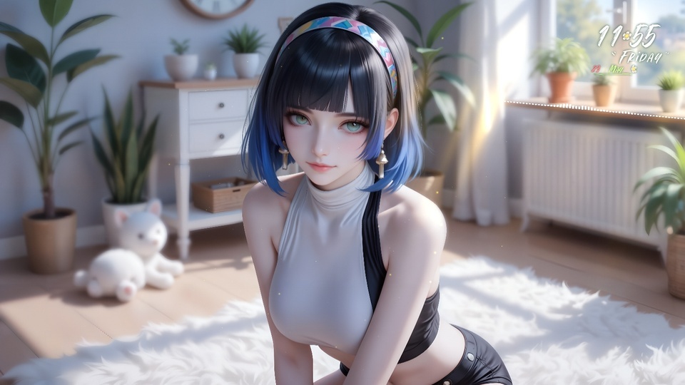 黑蓝渐变齐肩短发，佩戴几何印花发箍的女性，身处洒满阳光的清新居家室内。
