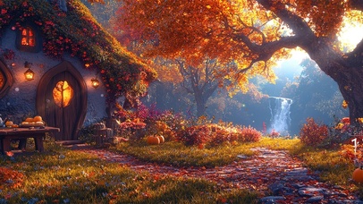 秋季森林枫树小屋-带鱼屏