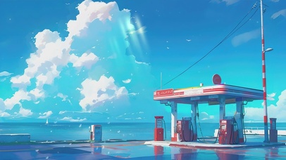 动漫风格海边加油站