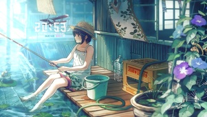 夏日海上房屋垂钓女孩