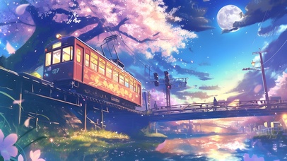 夜晚樱花树下电车