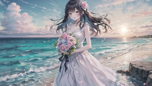 海边捧花女少