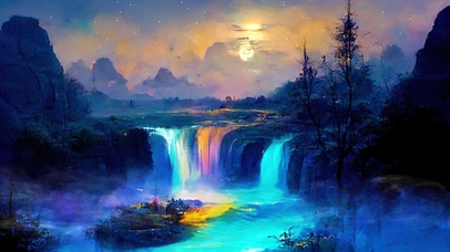 4K唯美治愈梦幻瀑布水墨山水