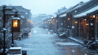 冬日飘雪古镇风景