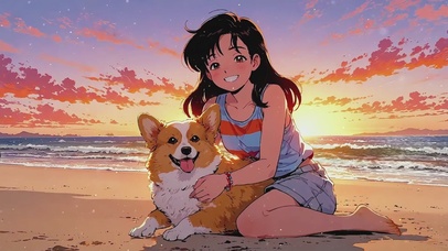 海滩上的少女和柯基