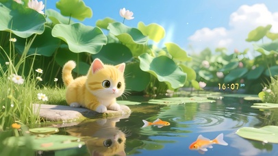池塘捕鱼猫咪