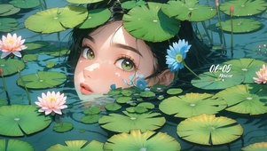 绿叶荷塘女孩