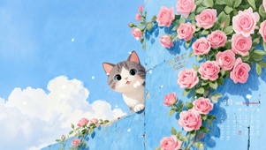 可爱花墙猫咪
