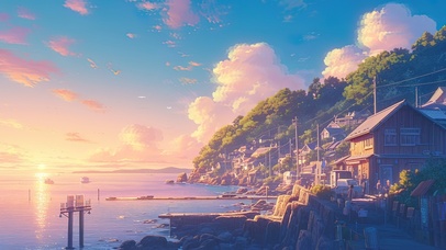 唯美治愈落日海边小镇