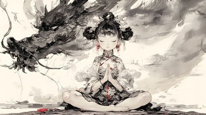 水墨风祈福女孩与龙