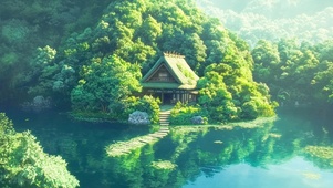 绿树环绕的湖边小屋