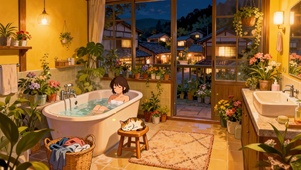 夜晚泡澡的女孩