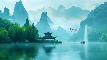 治愈江山湖水瀑布