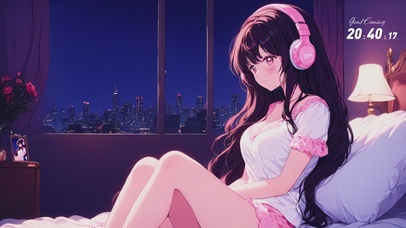 4K夜里戴耳机听歌的美少女