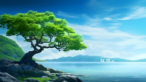 绿色湖中小树