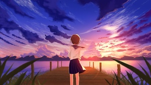 晚霞下的女孩