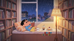 雨夜在飘窗边看书的小新