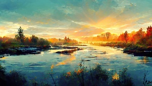 湖泊边的夕阳