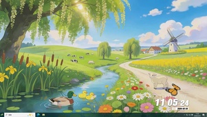 白云树木河流动物景色桌面主题