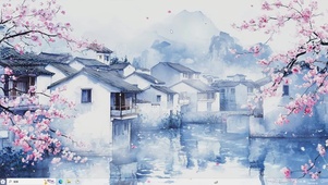 护眼AI江南风景插画-桌面主题