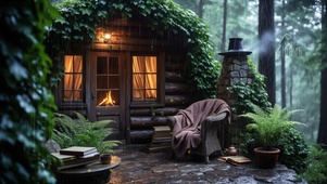 雨中森林木屋