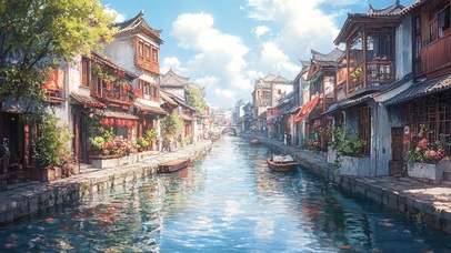 夏日清新水乡小镇建筑