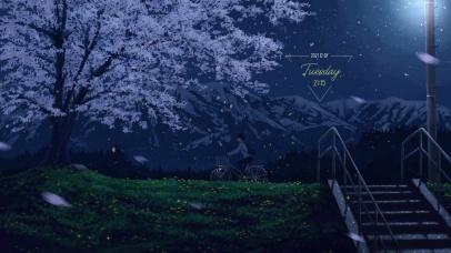 夜晚樱花树下男孩