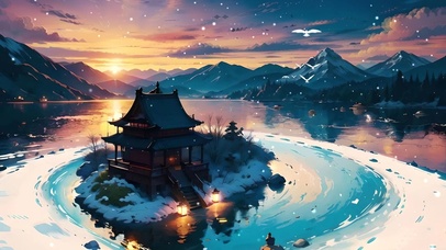 傍晚雪中湖心亭