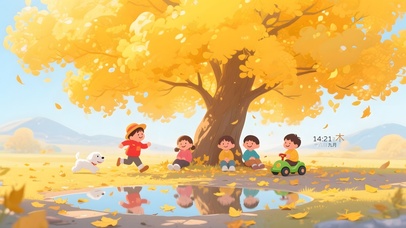 秋天树下小朋友