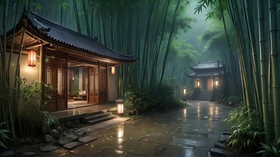雨夜竹林小屋