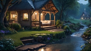 溪边小屋听雨