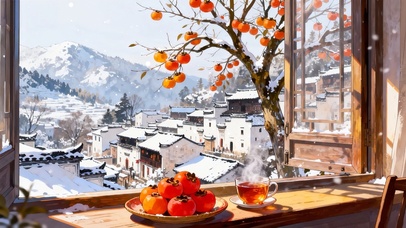 冬日窗外的柿子树