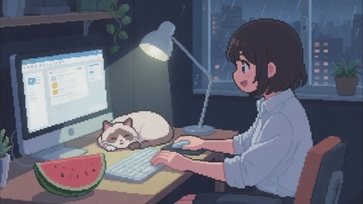 像素风-熬夜加班的女孩