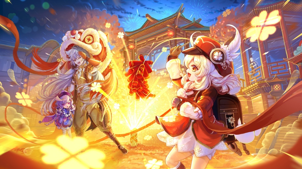 原神二次元新春插画，暖金黄色灯光下的璃月港中式古风夜景，可莉、七七与雷泽立于木质平台，背景燃放烟花、悬挂红灯笼与鞭炮，氛围喜庆热闹。