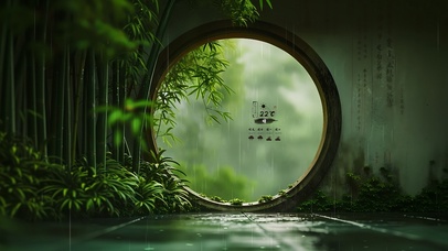 雨中翠竹庭院