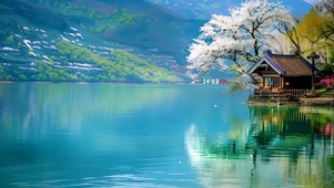 湖边的梨花树